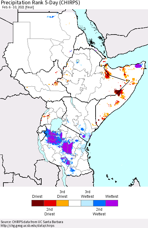 Eastern Africa Precipitation Rank 5-Day (CHIRPS) Thematic Map For 2/6/2021 - 2/10/2021