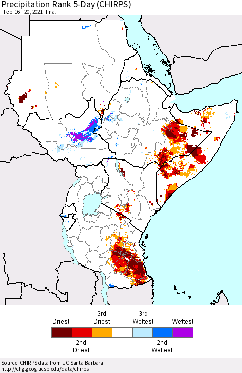 Eastern Africa Precipitation Rank 5-Day (CHIRPS) Thematic Map For 2/16/2021 - 2/20/2021