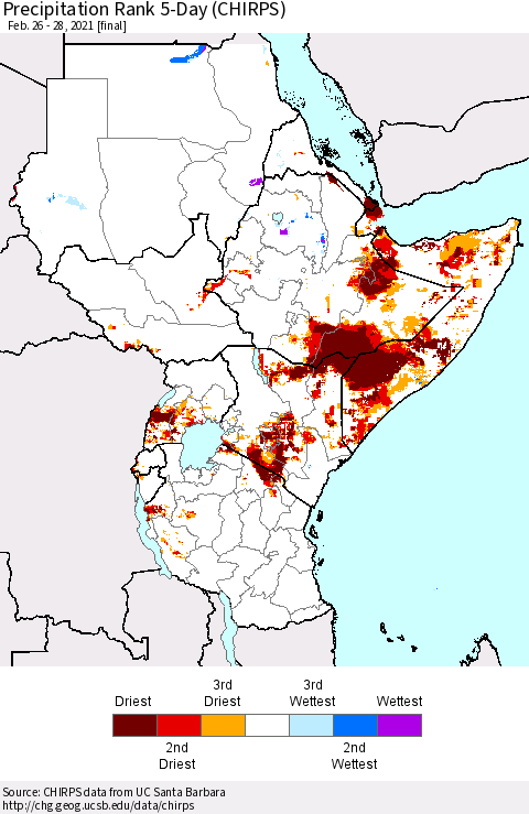Eastern Africa Precipitation Rank since 1981, 5-Day (CHIRPS) Thematic Map For 2/26/2021 - 2/28/2021