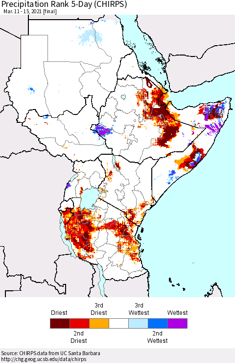 Eastern Africa Precipitation Rank 5-Day (CHIRPS) Thematic Map For 3/11/2021 - 3/15/2021