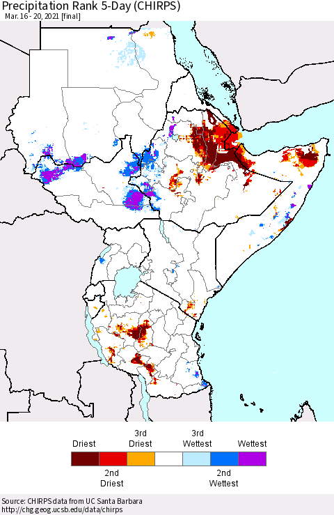 Eastern Africa Precipitation Rank 5-Day (CHIRPS) Thematic Map For 3/16/2021 - 3/20/2021