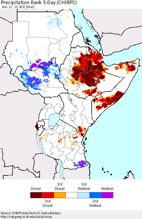 Eastern Africa Precipitation Rank 5-Day (CHIRPS) Thematic Map For 3/21/2021 - 3/25/2021
