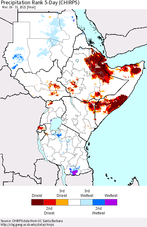 Eastern Africa Precipitation Rank 5-Day (CHIRPS) Thematic Map For 3/26/2021 - 3/31/2021