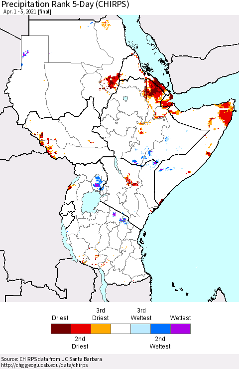 Eastern Africa Precipitation Rank 5-Day (CHIRPS) Thematic Map For 4/1/2021 - 4/5/2021