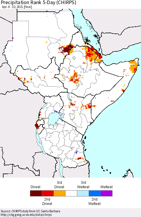 Eastern Africa Precipitation Rank 5-Day (CHIRPS) Thematic Map For 4/6/2021 - 4/10/2021