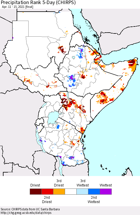 Eastern Africa Precipitation Rank 5-Day (CHIRPS) Thematic Map For 4/11/2021 - 4/15/2021
