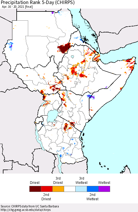 Eastern Africa Precipitation Rank since 1981, 5-Day (CHIRPS) Thematic Map For 4/16/2021 - 4/20/2021