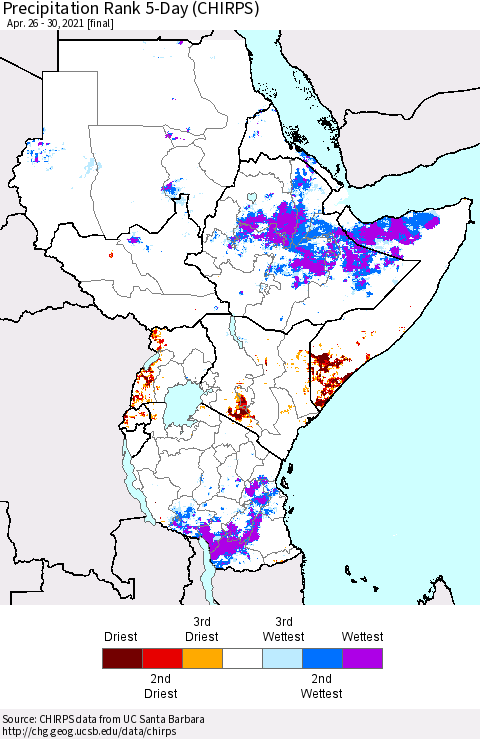 Eastern Africa Precipitation Rank since 1981, 5-Day (CHIRPS) Thematic Map For 4/26/2021 - 4/30/2021