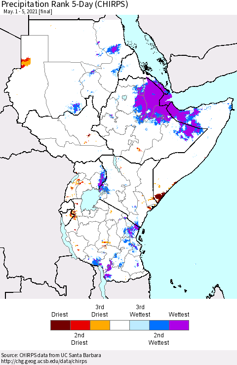 Eastern Africa Precipitation Rank 5-Day (CHIRPS) Thematic Map For 5/1/2021 - 5/5/2021