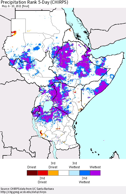Eastern Africa Precipitation Rank 5-Day (CHIRPS) Thematic Map For 5/6/2021 - 5/10/2021