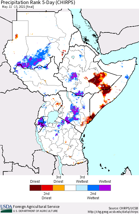 Eastern Africa Precipitation Rank since 1981, 5-Day (CHIRPS) Thematic Map For 5/11/2021 - 5/15/2021