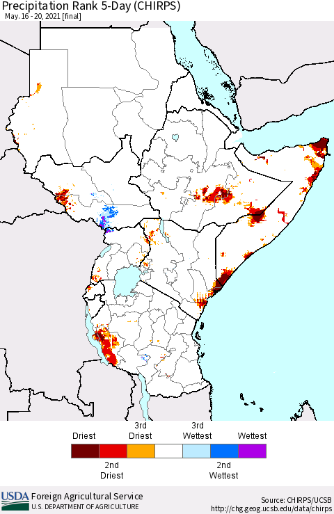 Eastern Africa Precipitation Rank 5-Day (CHIRPS) Thematic Map For 5/16/2021 - 5/20/2021