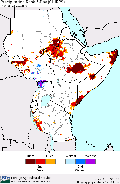 Eastern Africa Precipitation Rank since 1981, 5-Day (CHIRPS) Thematic Map For 5/21/2021 - 5/25/2021