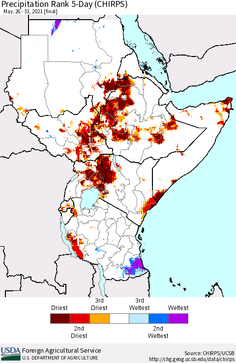 Eastern Africa Precipitation Rank since 1981, 5-Day (CHIRPS) Thematic Map For 5/26/2021 - 5/31/2021