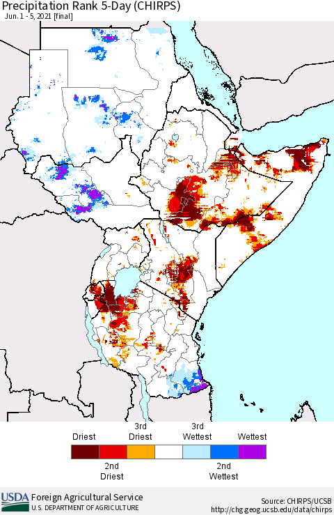 Eastern Africa Precipitation Rank since 1981, 5-Day (CHIRPS) Thematic Map For 6/1/2021 - 6/5/2021