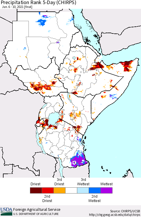 Eastern Africa Precipitation Rank 5-Day (CHIRPS) Thematic Map For 6/6/2021 - 6/10/2021