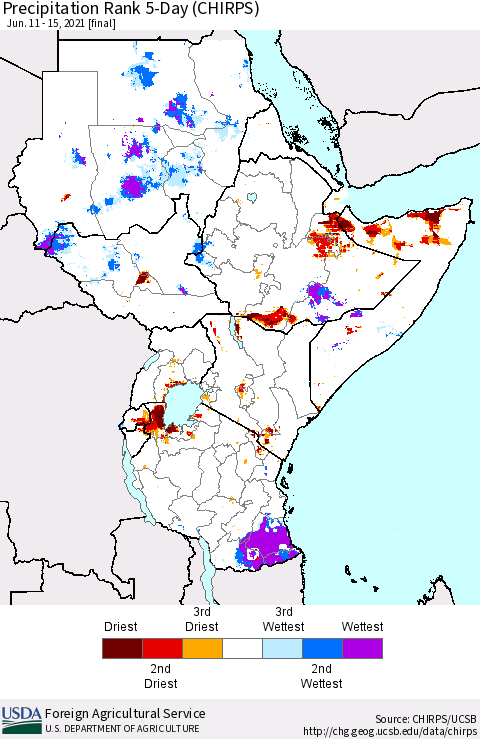 Eastern Africa Precipitation Rank 5-Day (CHIRPS) Thematic Map For 6/11/2021 - 6/15/2021