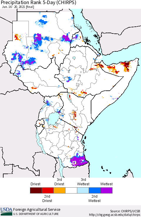 Eastern Africa Precipitation Rank 5-Day (CHIRPS) Thematic Map For 6/16/2021 - 6/20/2021