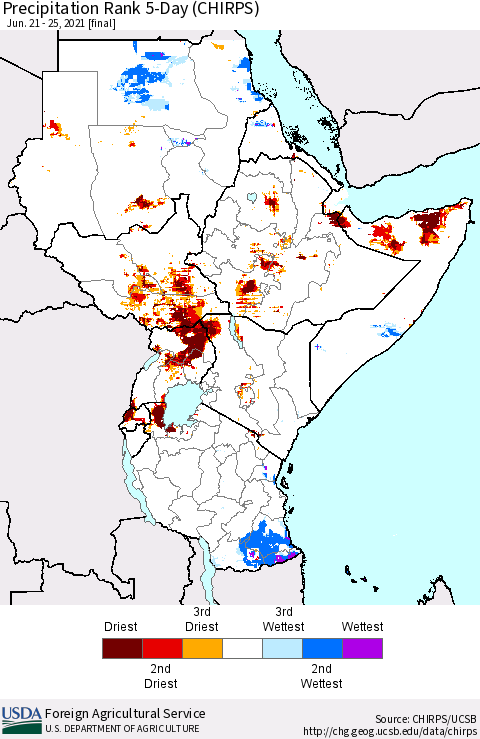Eastern Africa Precipitation Rank 5-Day (CHIRPS) Thematic Map For 6/21/2021 - 6/25/2021