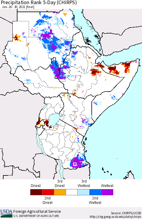 Eastern Africa Precipitation Rank 5-Day (CHIRPS) Thematic Map For 6/26/2021 - 6/30/2021