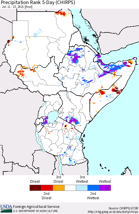 Eastern Africa Precipitation Rank since 1981, 5-Day (CHIRPS) Thematic Map For 7/11/2021 - 7/15/2021