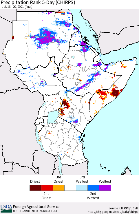 Eastern Africa Precipitation Rank 5-Day (CHIRPS) Thematic Map For 7/16/2021 - 7/20/2021