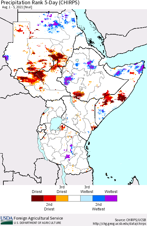 Eastern Africa Precipitation Rank since 1981, 5-Day (CHIRPS) Thematic Map For 8/1/2021 - 8/5/2021
