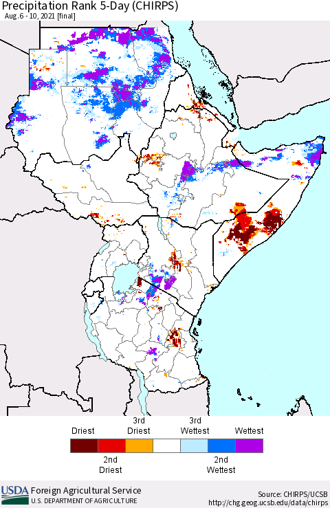 Eastern Africa Precipitation Rank 5-Day (CHIRPS) Thematic Map For 8/6/2021 - 8/10/2021