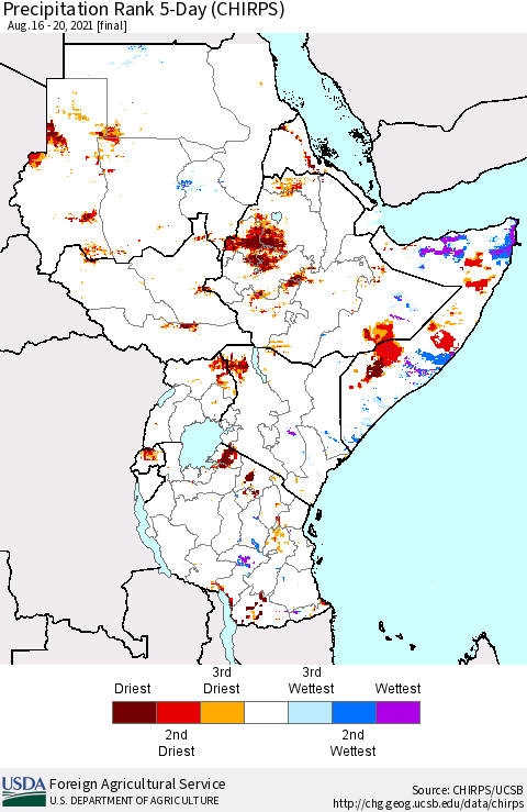 Eastern Africa Precipitation Rank 5-Day (CHIRPS) Thematic Map For 8/16/2021 - 8/20/2021