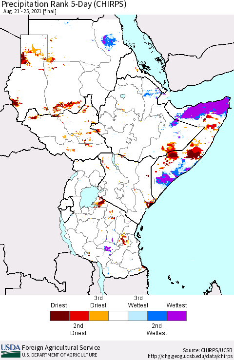 Eastern Africa Precipitation Rank 5-Day (CHIRPS) Thematic Map For 8/21/2021 - 8/25/2021
