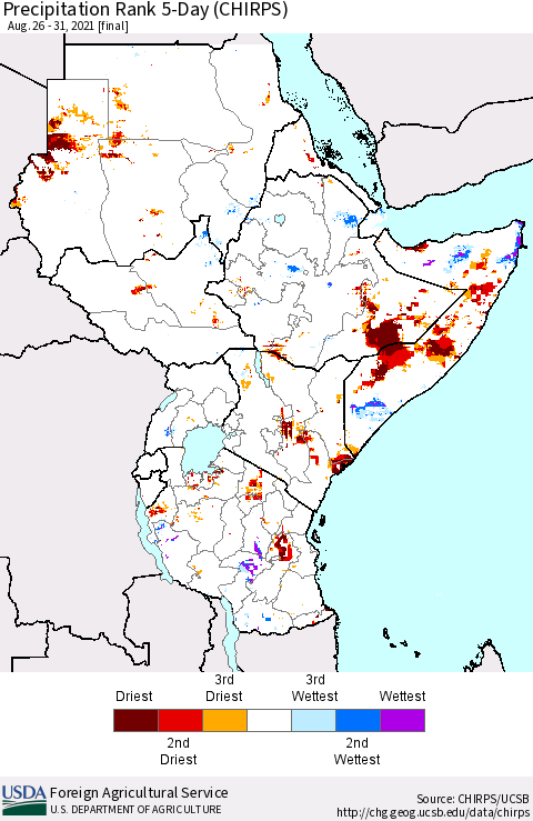 Eastern Africa Precipitation Rank since 1981, 5-Day (CHIRPS) Thematic Map For 8/26/2021 - 8/31/2021