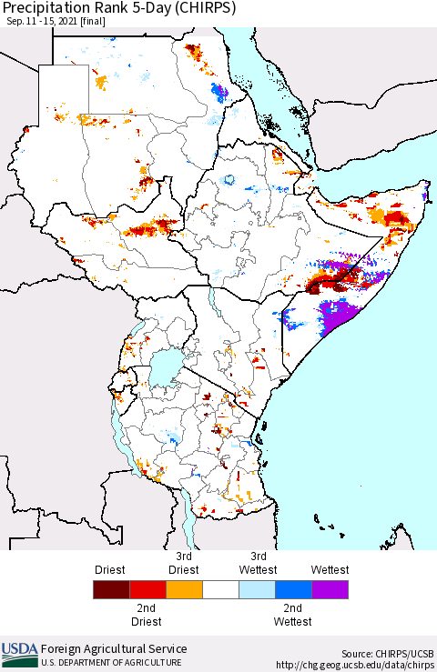 Eastern Africa Precipitation Rank 5-Day (CHIRPS) Thematic Map For 9/11/2021 - 9/15/2021