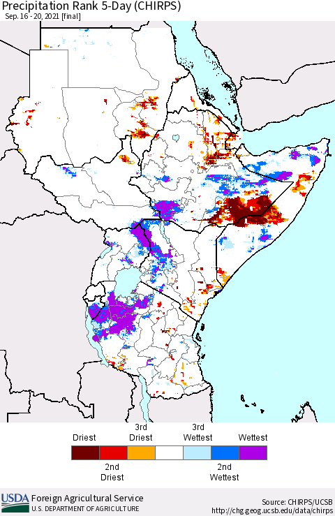Eastern Africa Precipitation Rank 5-Day (CHIRPS) Thematic Map For 9/16/2021 - 9/20/2021