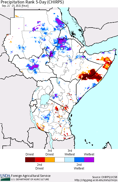 Eastern Africa Precipitation Rank 5-Day (CHIRPS) Thematic Map For 9/21/2021 - 9/25/2021