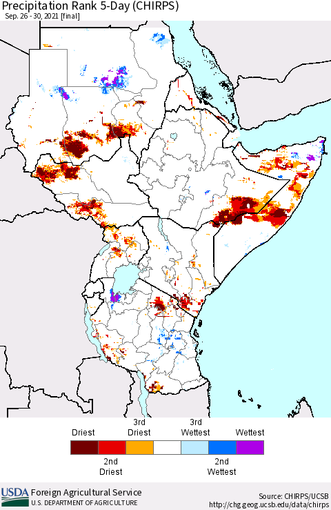 Eastern Africa Precipitation Rank since 1981, 5-Day (CHIRPS) Thematic Map For 9/26/2021 - 9/30/2021
