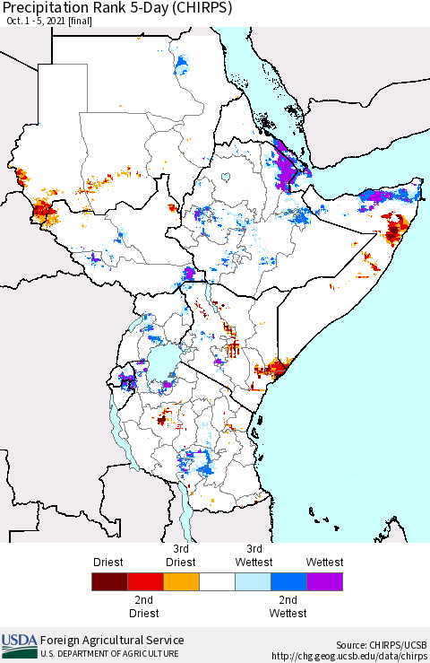 Eastern Africa Precipitation Rank 5-Day (CHIRPS) Thematic Map For 10/1/2021 - 10/5/2021