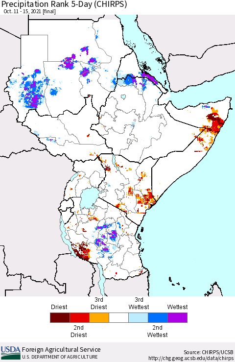 Eastern Africa Precipitation Rank since 1981, 5-Day (CHIRPS) Thematic Map For 10/11/2021 - 10/15/2021