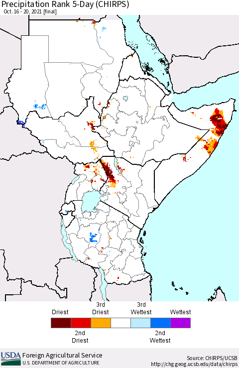 Eastern Africa Precipitation Rank since 1981, 5-Day (CHIRPS) Thematic Map For 10/16/2021 - 10/20/2021