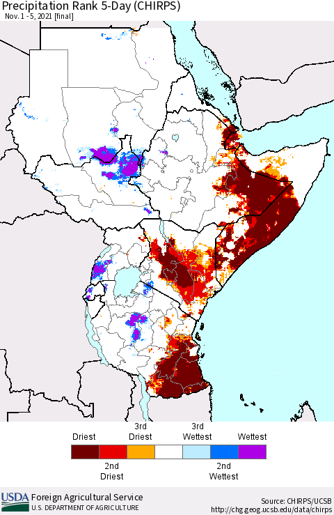 Eastern Africa Precipitation Rank 5-Day (CHIRPS) Thematic Map For 11/1/2021 - 11/5/2021