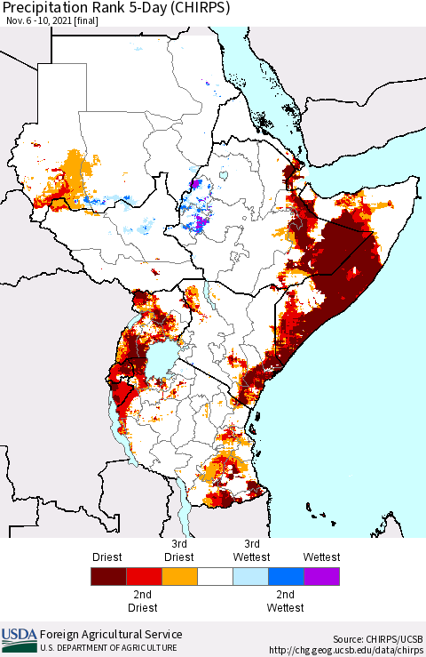 Eastern Africa Precipitation Rank 5-Day (CHIRPS) Thematic Map For 11/6/2021 - 11/10/2021
