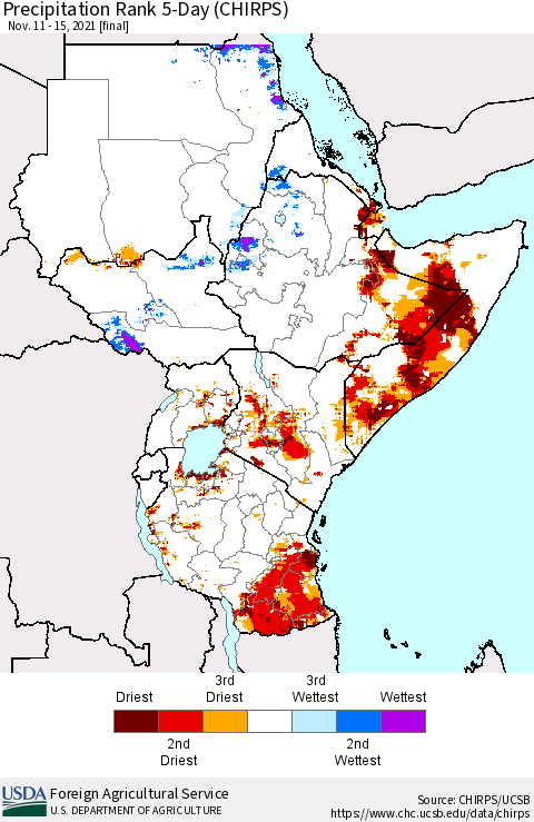 Eastern Africa Precipitation Rank 5-Day (CHIRPS) Thematic Map For 11/11/2021 - 11/15/2021
