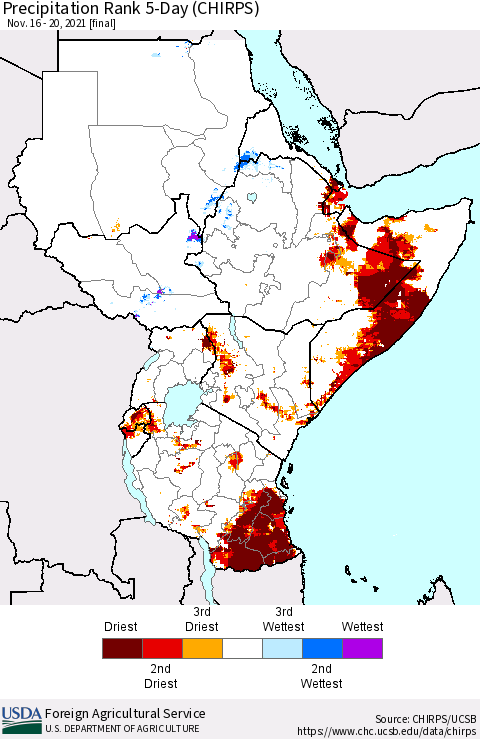 Eastern Africa Precipitation Rank 5-Day (CHIRPS) Thematic Map For 11/16/2021 - 11/20/2021