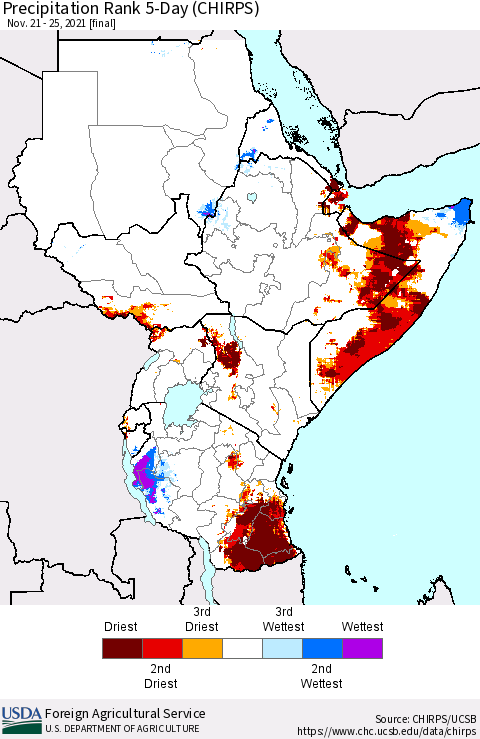Eastern Africa Precipitation Rank 5-Day (CHIRPS) Thematic Map For 11/21/2021 - 11/25/2021