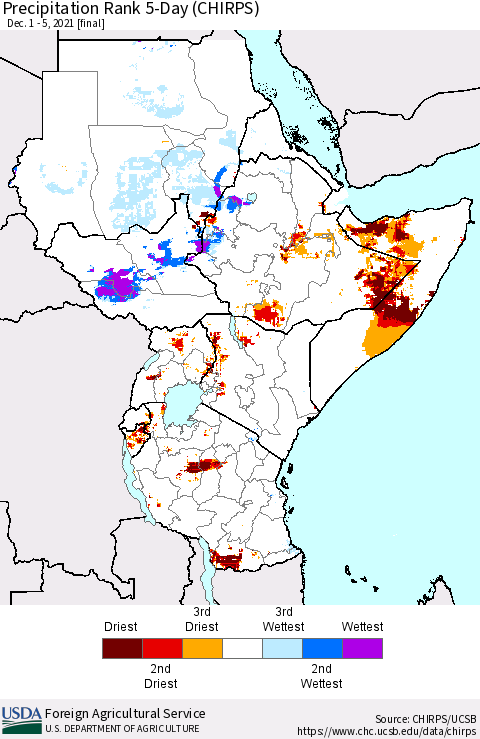 Eastern Africa Precipitation Rank 5-Day (CHIRPS) Thematic Map For 12/1/2021 - 12/5/2021