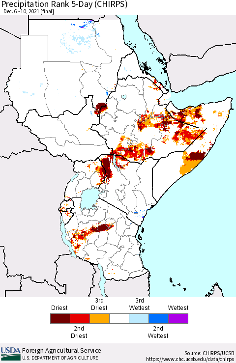 Eastern Africa Precipitation Rank 5-Day (CHIRPS) Thematic Map For 12/6/2021 - 12/10/2021