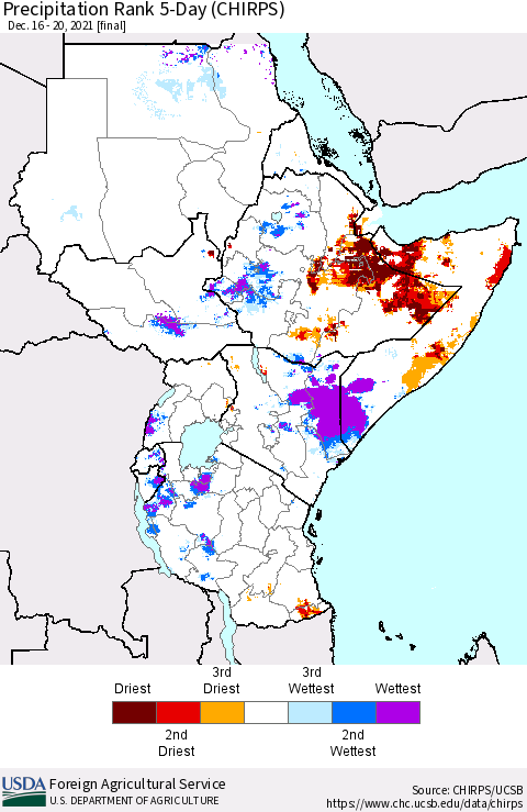 Eastern Africa Precipitation Rank 5-Day (CHIRPS) Thematic Map For 12/16/2021 - 12/20/2021