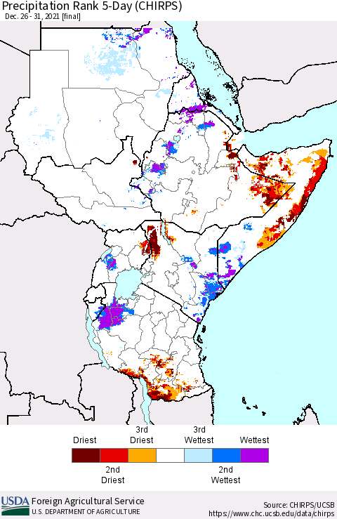 Eastern Africa Precipitation Rank 5-Day (CHIRPS) Thematic Map For 12/26/2021 - 12/31/2021
