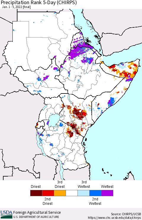 Eastern Africa Precipitation Rank 5-Day (CHIRPS) Thematic Map For 1/1/2022 - 1/5/2022