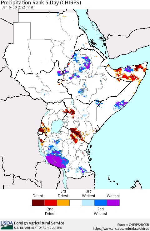 Eastern Africa Precipitation Rank 5-Day (CHIRPS) Thematic Map For 1/6/2022 - 1/10/2022