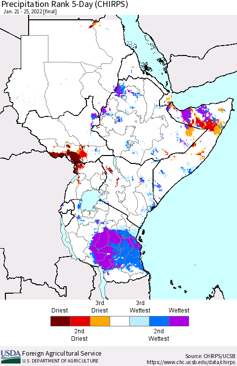 Eastern Africa Precipitation Rank 5-Day (CHIRPS) Thematic Map For 1/21/2022 - 1/25/2022